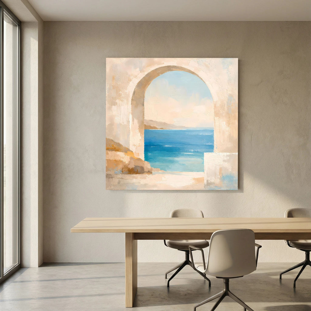 Leinwandbild mit Torbogenfenster, türkisblauem Meer und beigem Fels
