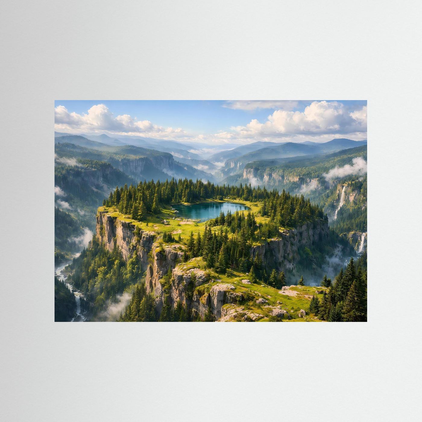 Bergsee-Poster mit Felsplateau, Tannenwald und türkisfarbenem See