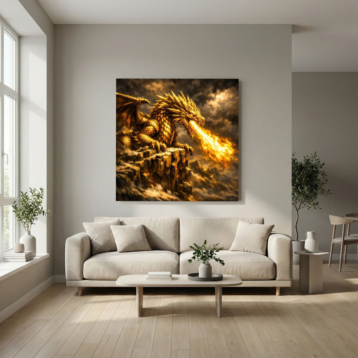 Leinwand-Fantasy-Wandbild mit goldenem Drachen, Flügel erhoben, Feueratem aus dem Maul