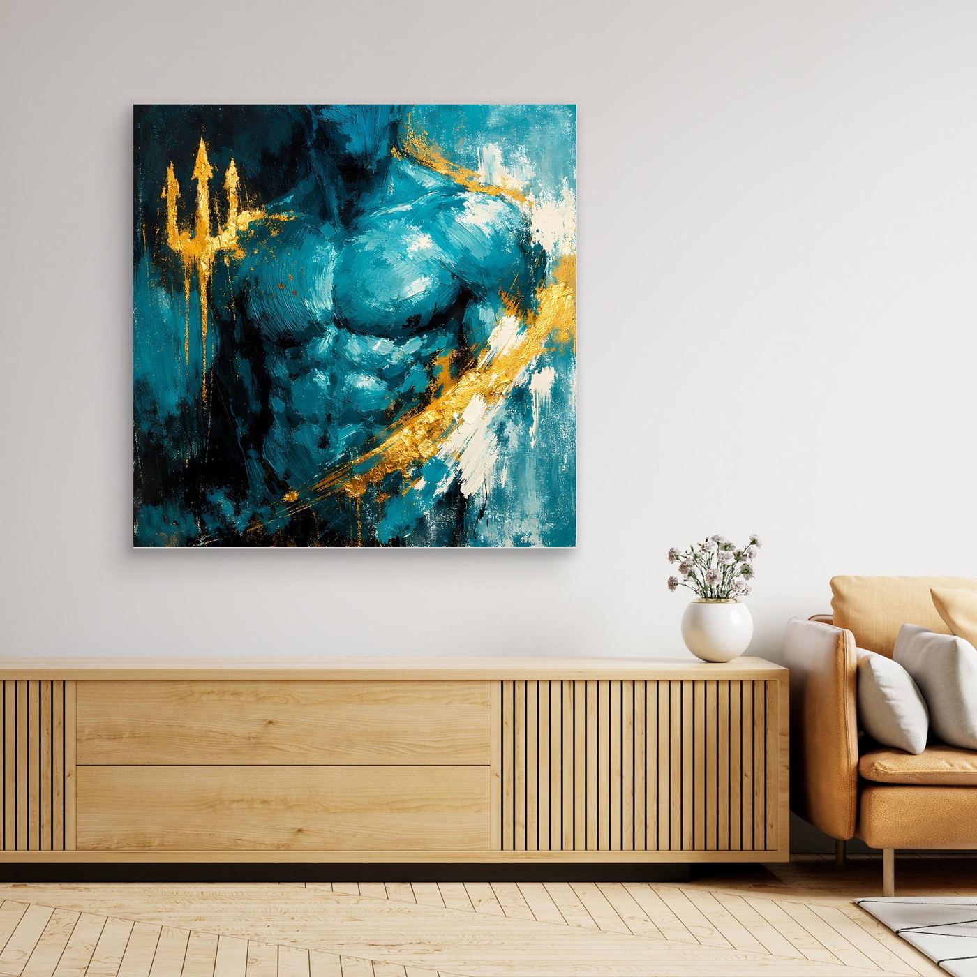 Leinwand Kraftvoller Poseidon in Türkis | Abstraktes Meeresgott Wandbild Gold