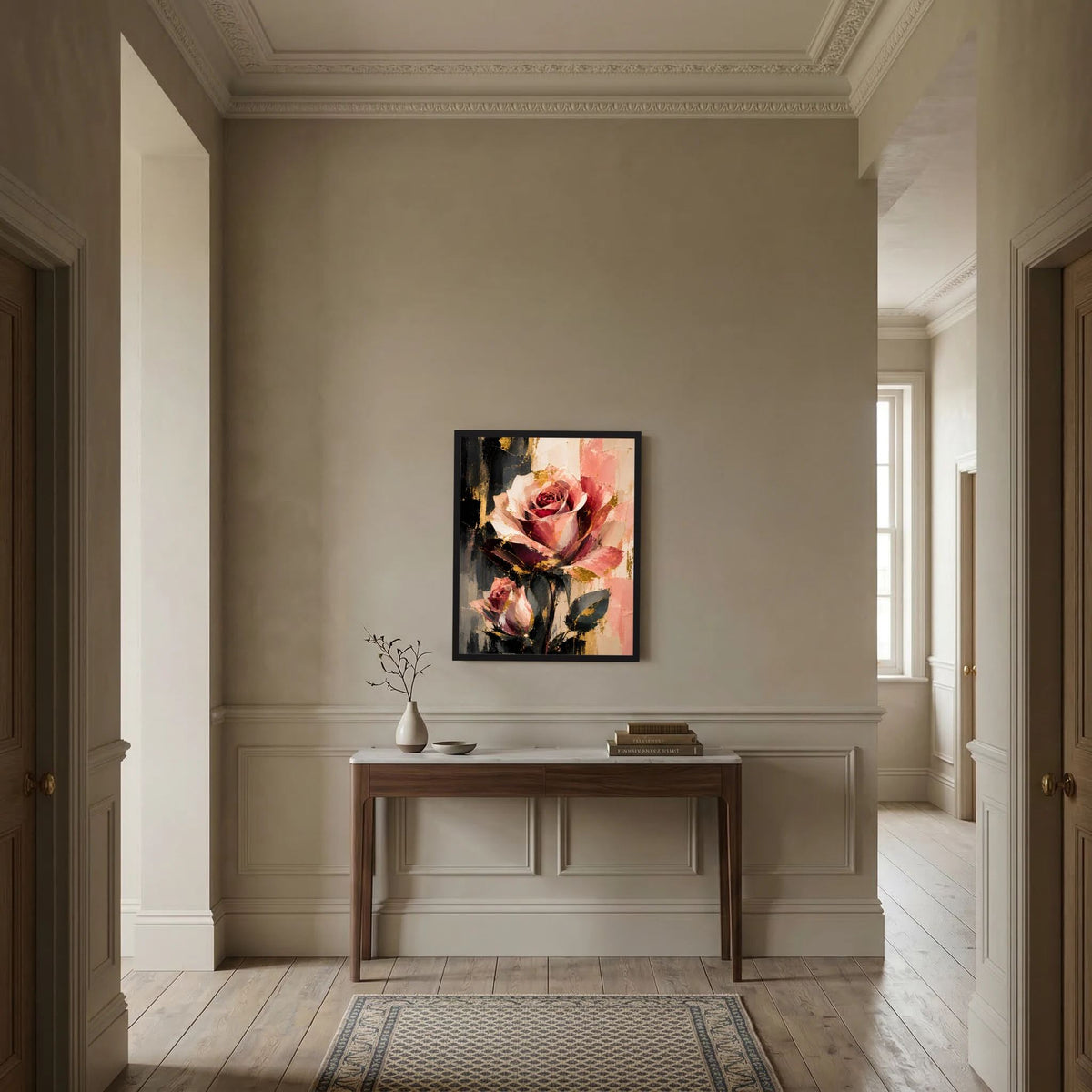 Gerahmtes Rosenblumen-Poster mit rosafarbenen Blüten, abstrakter Textur und dunklen Bereichen