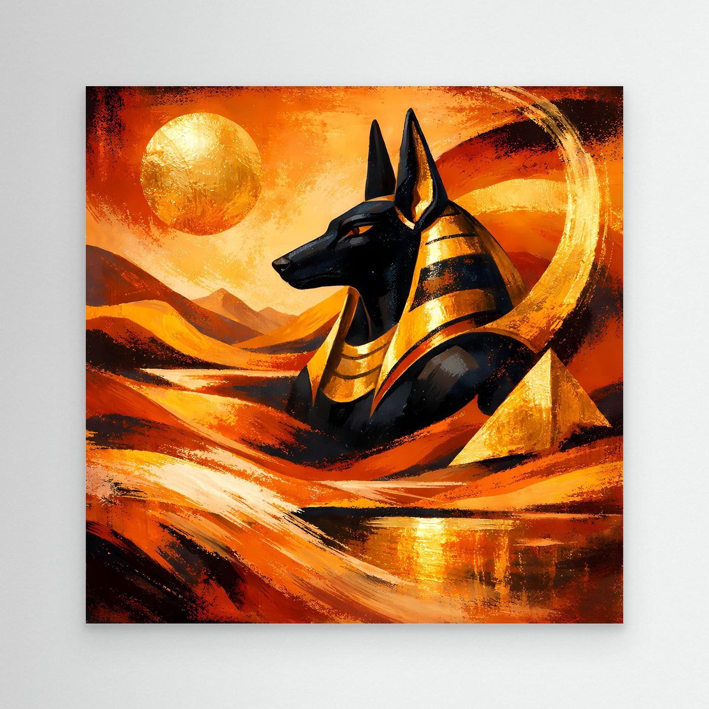 Leinwandbild mit schwarzem Anubis und Wüstenabstraktion in Gold und Orange