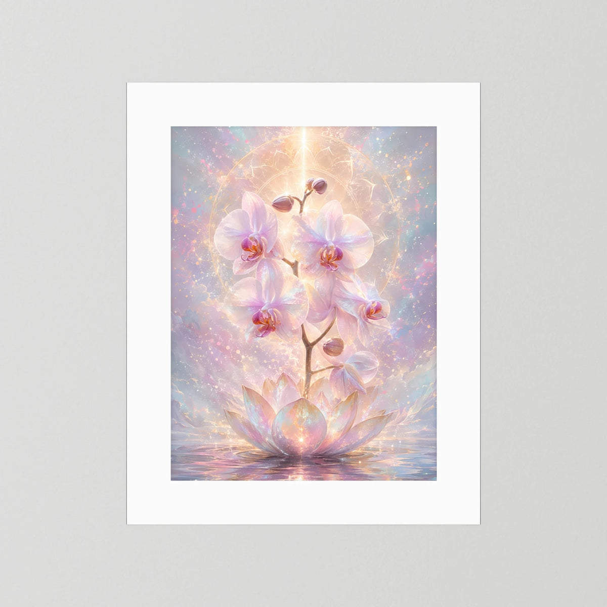 Hochformat-Poster mit Orchideen- und Lotusblüten in Pastell, Gold-Glanz, weißer Rand