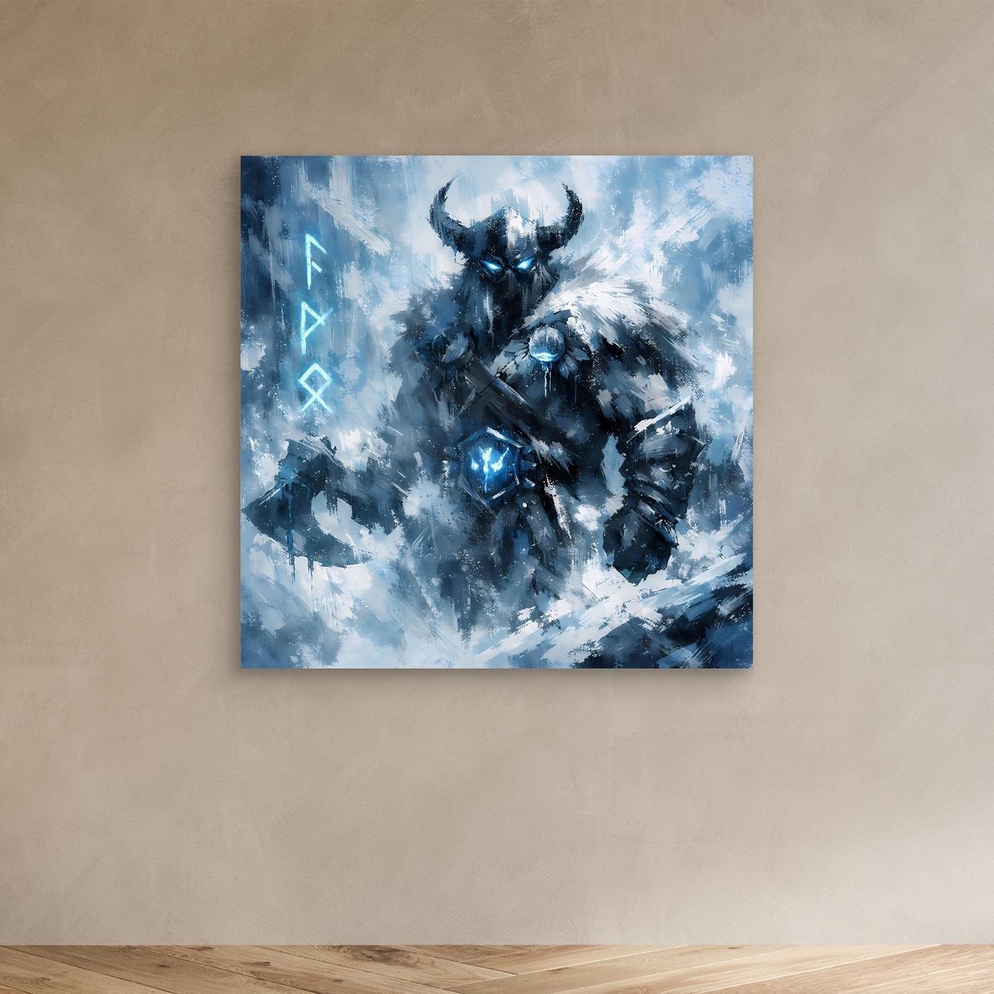 Leinwand-Wandbild: abstrakter Eiskrieger mit Geweihhelm und blau leuchtendem Amulett
