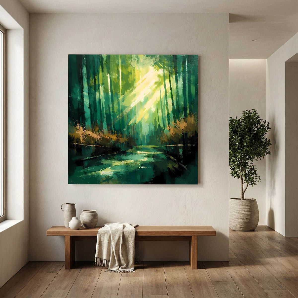 Leinwand-Wandbild mit Waldlandschaft-Abstraktion: grüne Bäume, helles Licht, dunkles Ufer