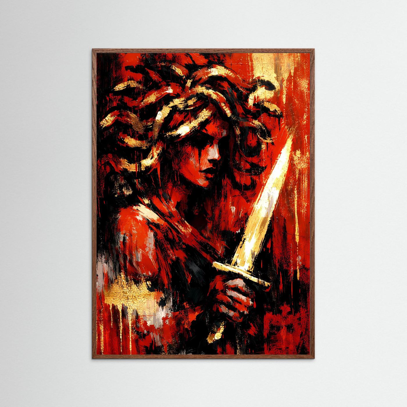 Hochformat-Kunstposter im dunklen Eichenrahmen: abstraktes Frauenporträt, Rot, Gold, Schwarz