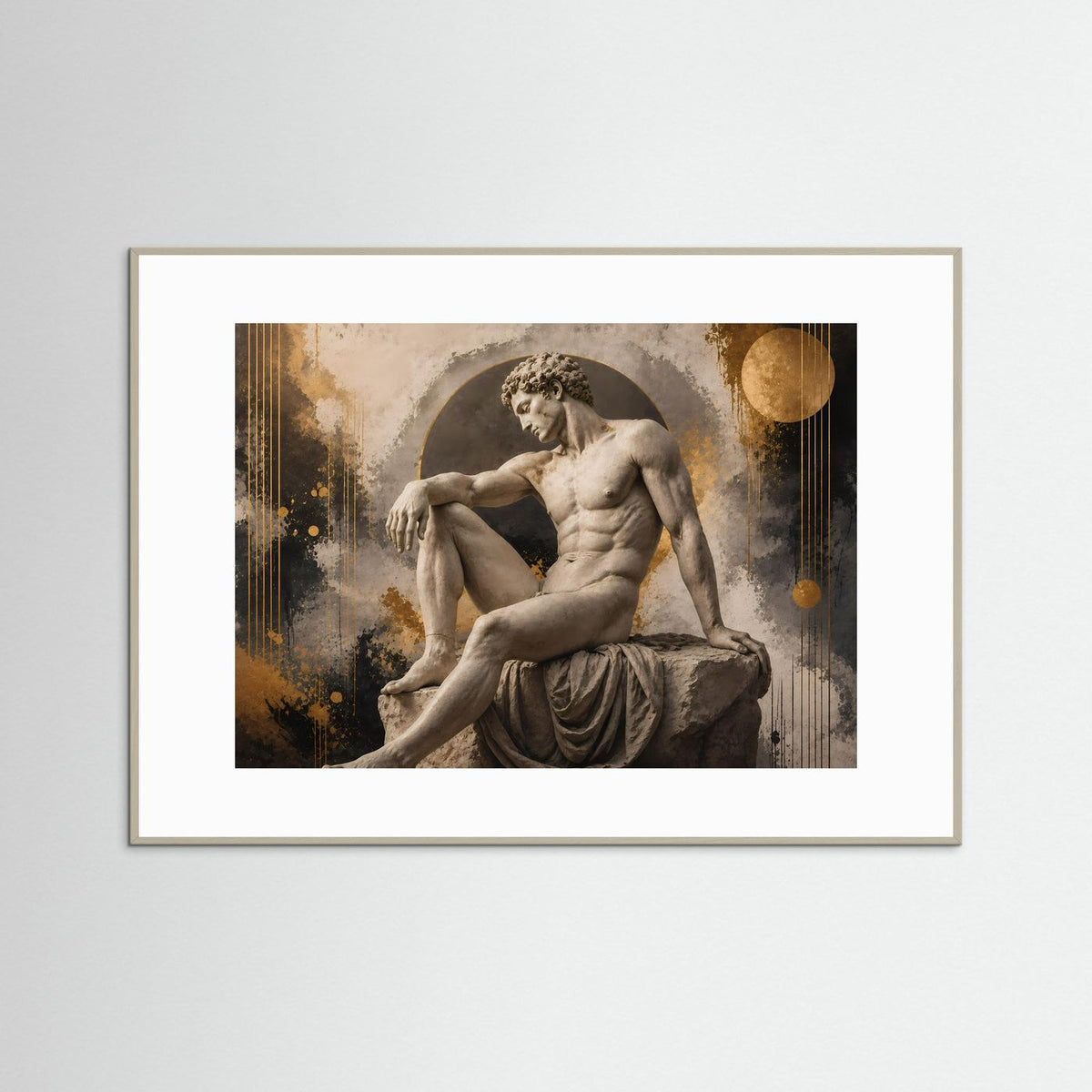 Antikes Statuen-Poster: männlicher Akt in Gold/Beige, Querformat, weißer Bilderrahmen