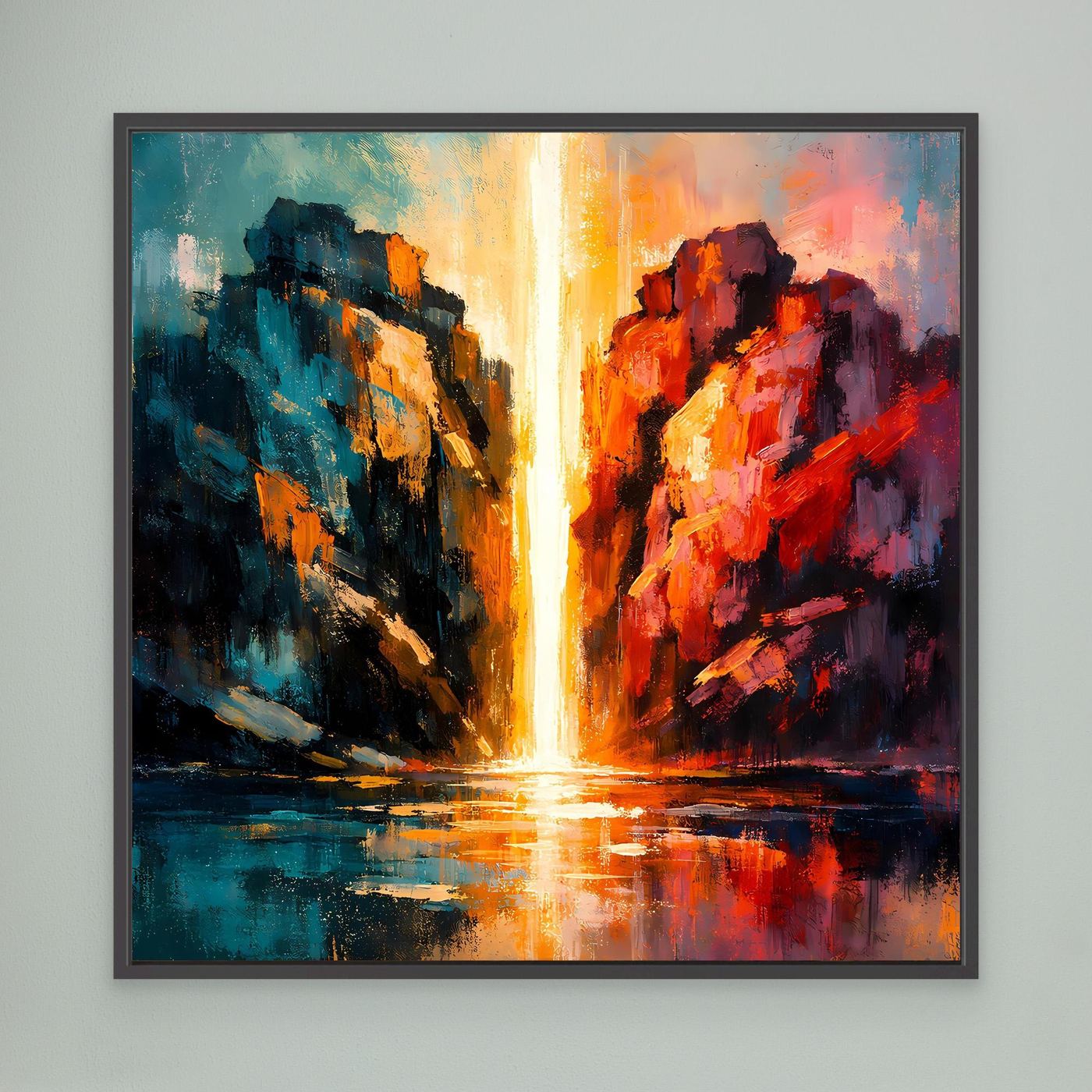 Premium Leinwand Magischer Lichtwasserfall im Canyon | Abstraktes Natur Wandbild farbenfroh