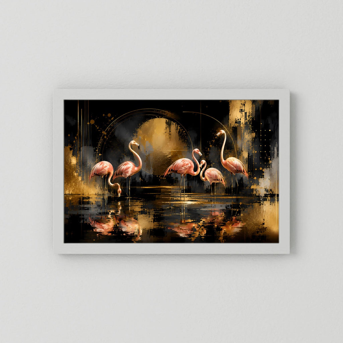 Poster in weißem Rahmen mit abstrakten Flamingos in Rosa, Schwarz und Gold