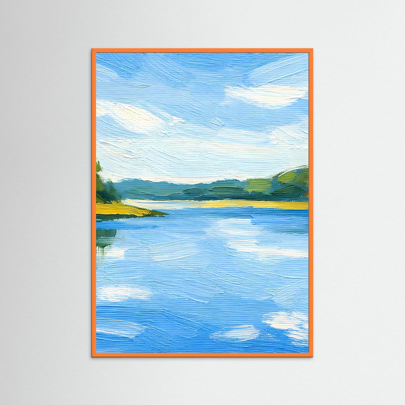 Poster mit blauer Flusslandschaft im Sommer, orangefarbener Rahmen