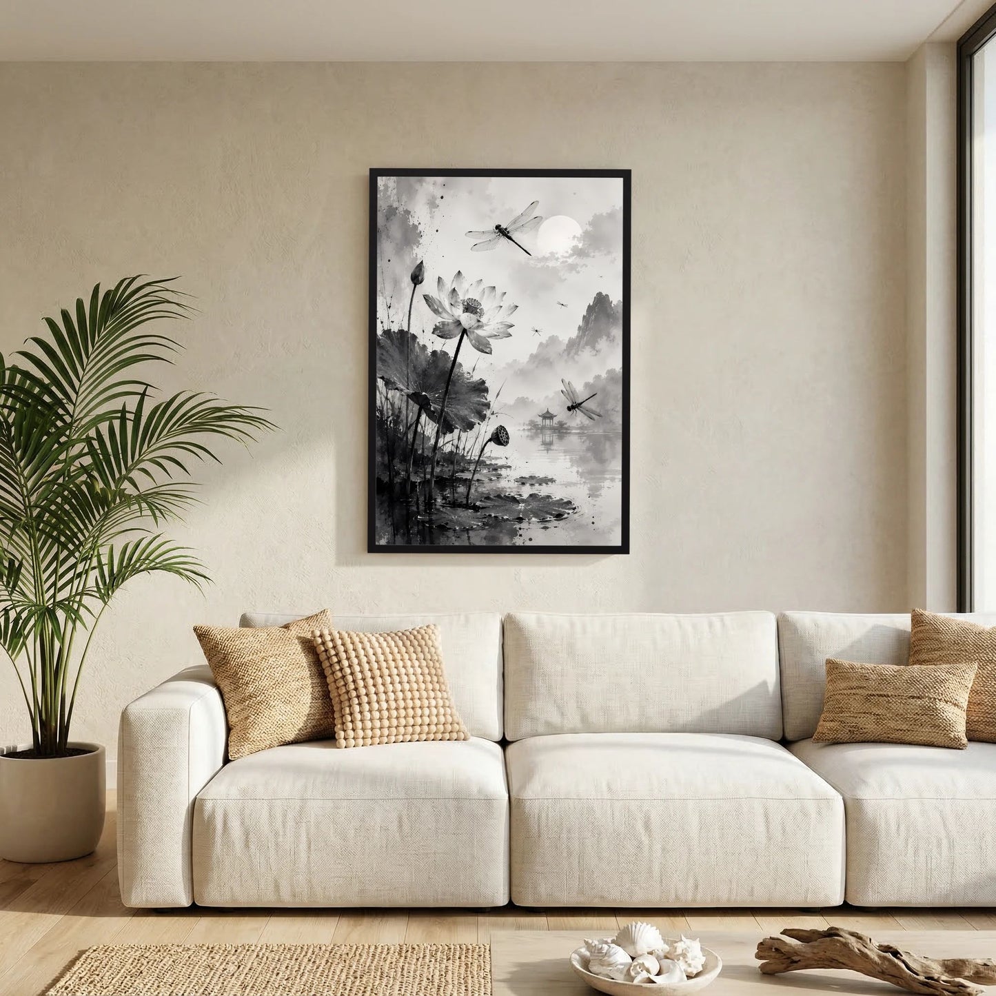 Schwarz gerahmtes Hochformat-Poster mit Lotusblüten und Libellen, Tuschekunst