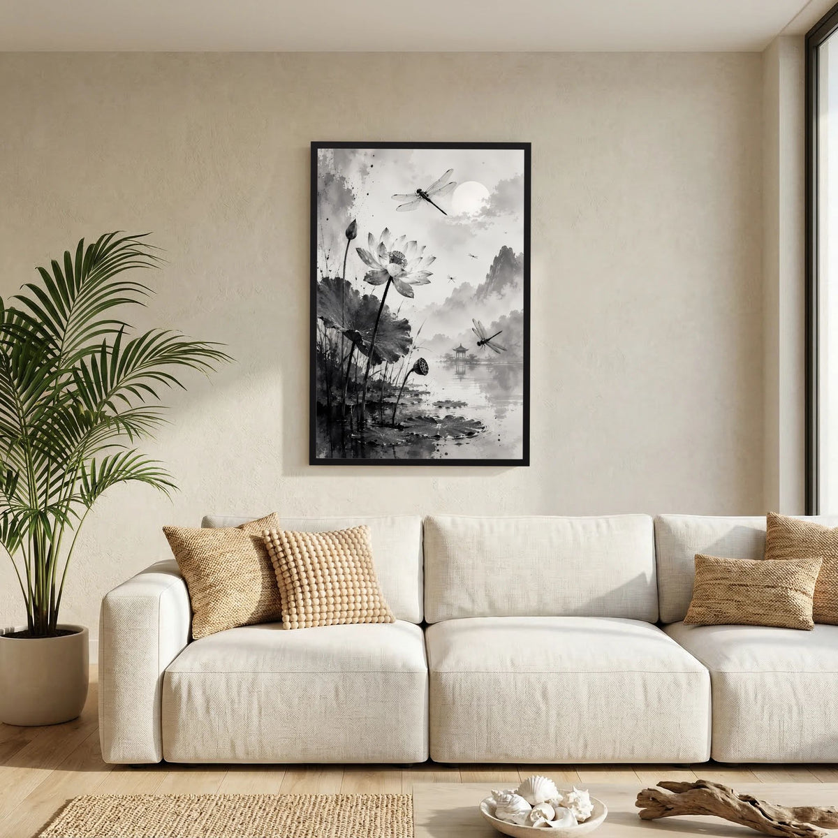 Schwarz gerahmtes Hochformat-Poster mit Lotusblüten und Libellen, Tuschekunst