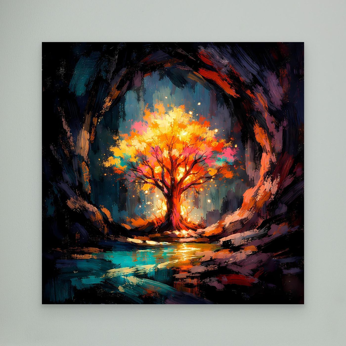 Abstract tree canvas wall art without frame, glowing autumn tree and mirror-like water