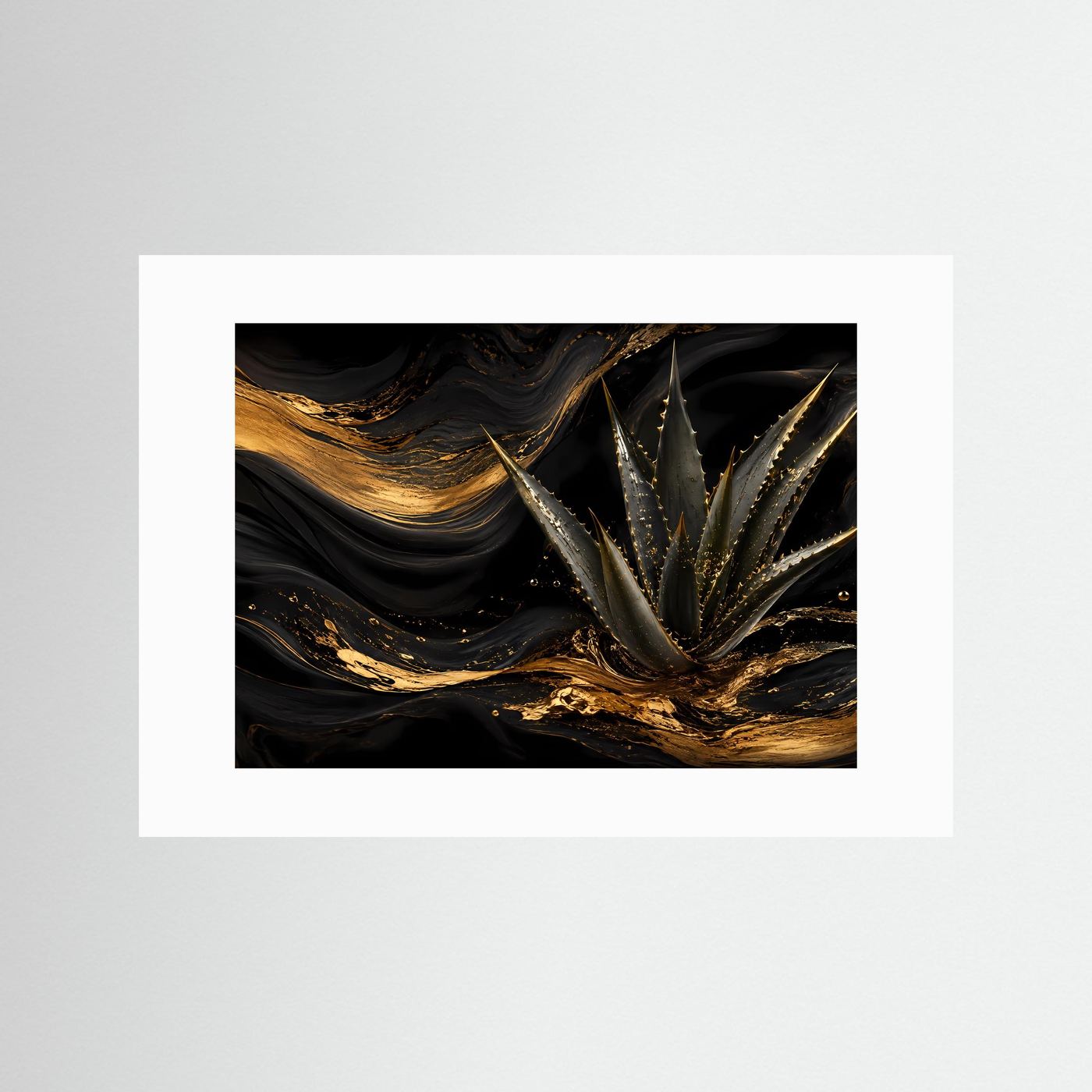 Querformat-Poster mit abstrakter Aloe in Schwarz und Gold, weißer Passepartout