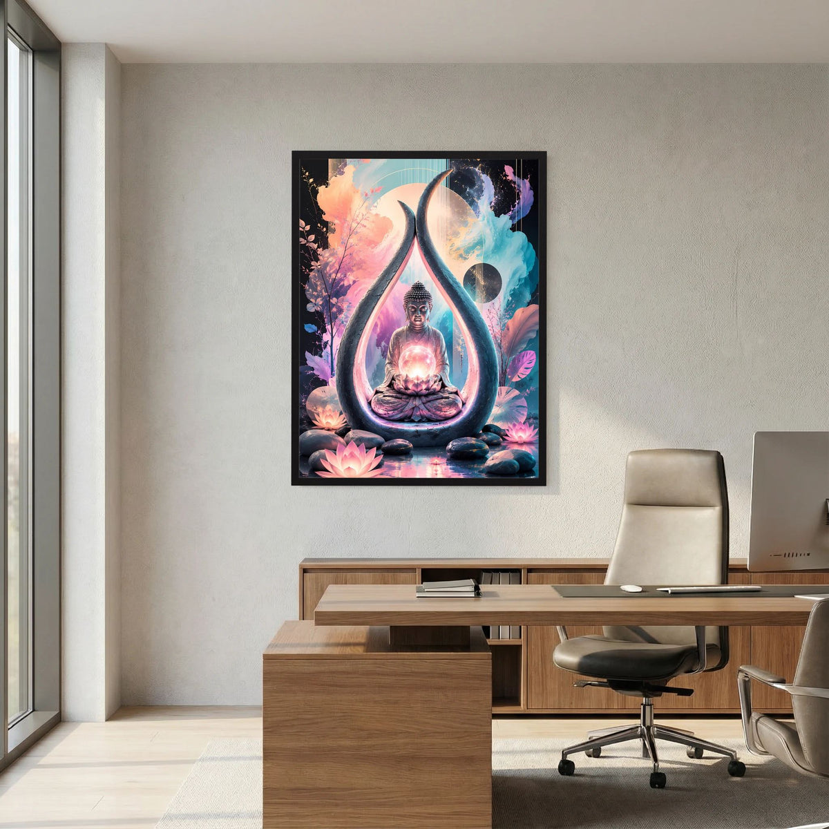 Hochformat-Poster mit Buddha und Lotus, dekorativer, farbiger Tropfenform im Zentrum