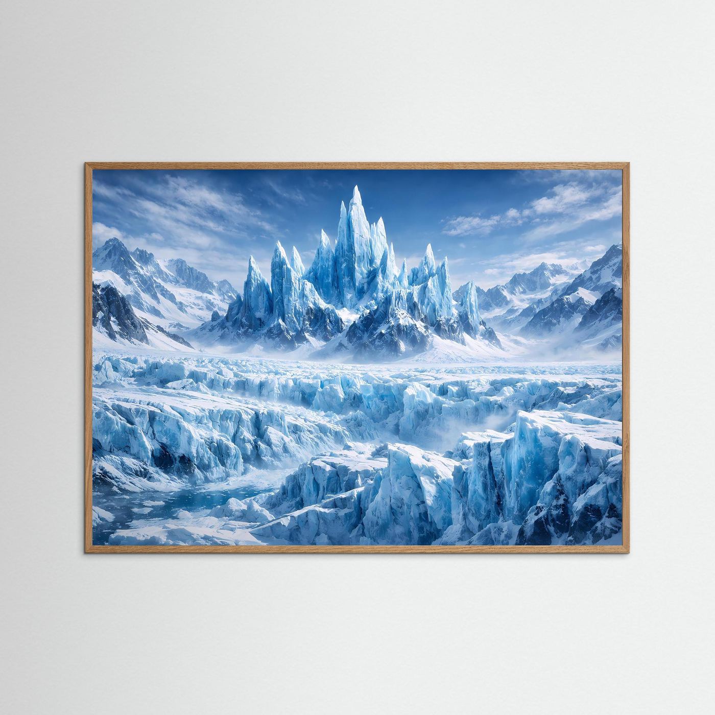 Querformatposter im hellen Eichenholzrahmen mit Gletscherbergpanorama und Eiskristallen