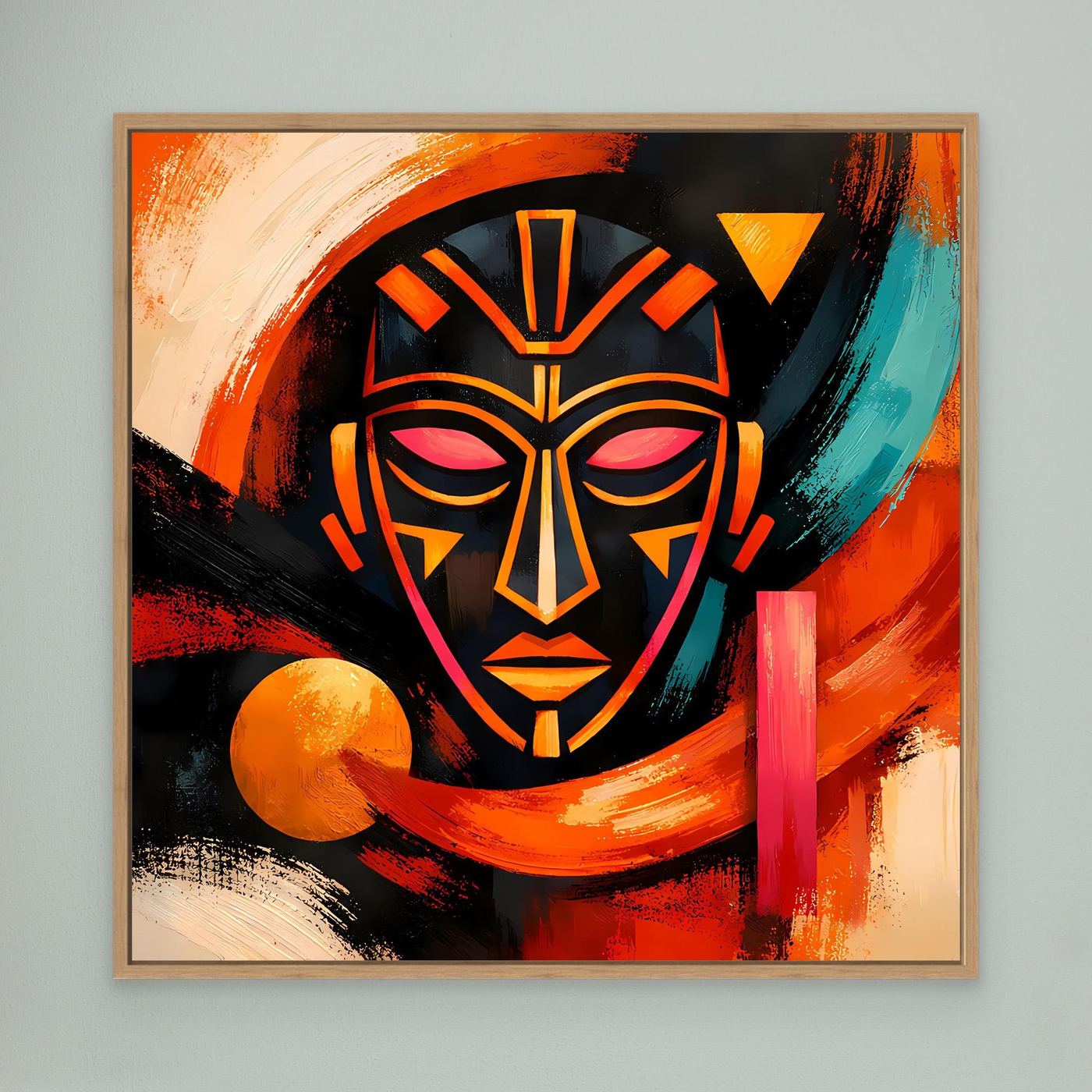 Leinwandbild mit abstrakter Maske, Eichenholzrahmen, orangefarbene Formen und Türkis