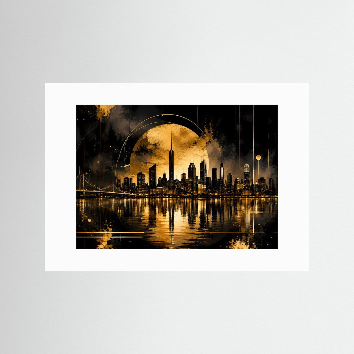 Poster Querformat ohne Rahmen, mit weißem Passepartout und goldener Skyline bei Nacht