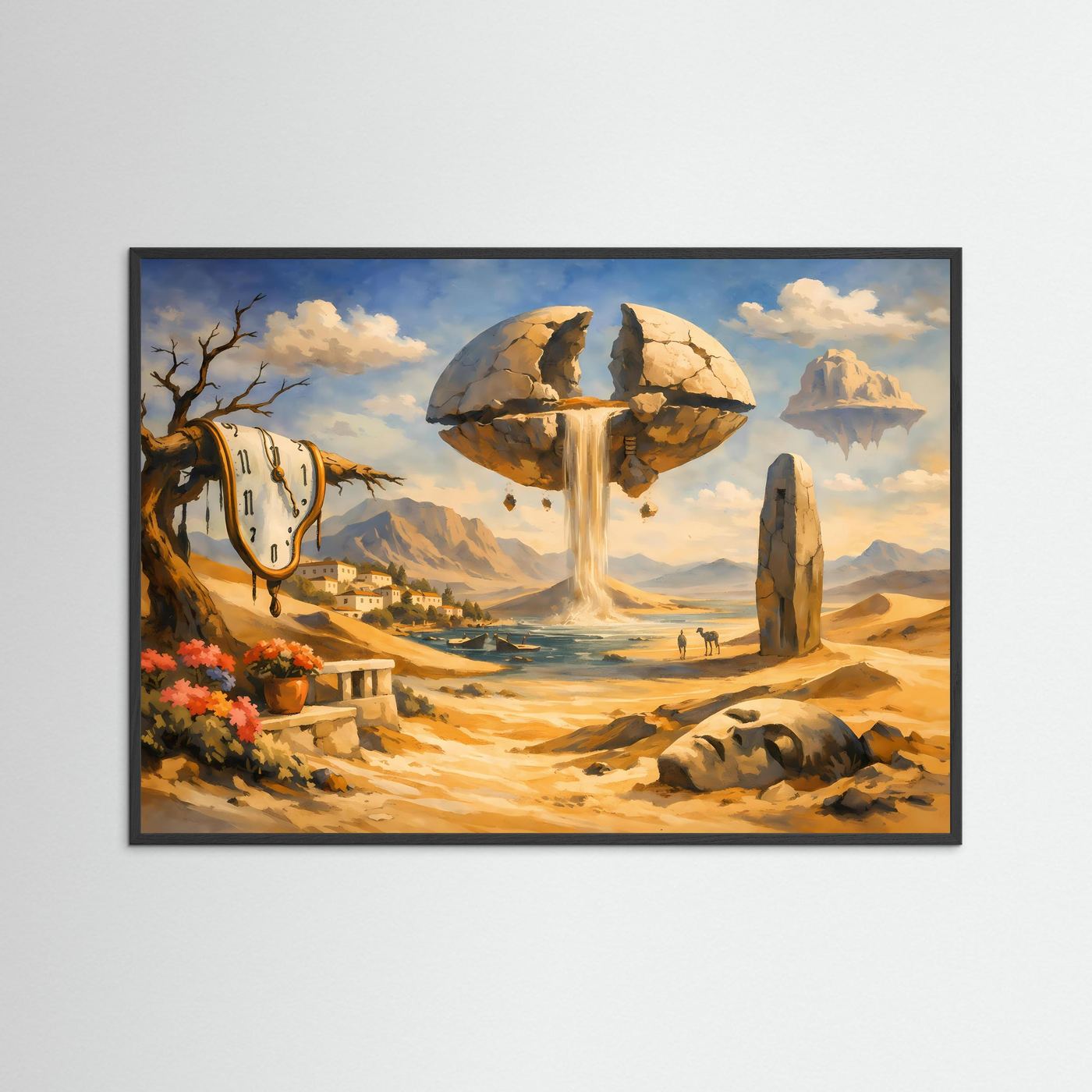 Surreale Traumlandschaft mit schmelzender Uhr & Wasserfall | Surrealismus Panorama Poster Querformat