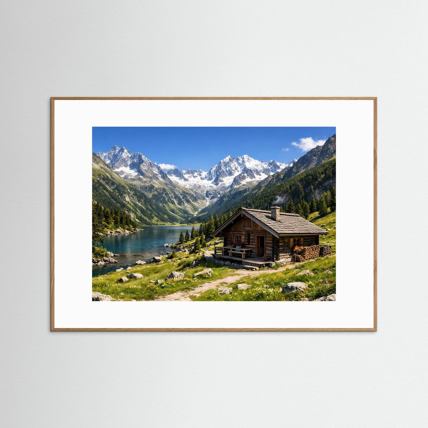 Alpenpanorama mit gemütlicher Hütte | Bergsee & Natur Poster Querformat