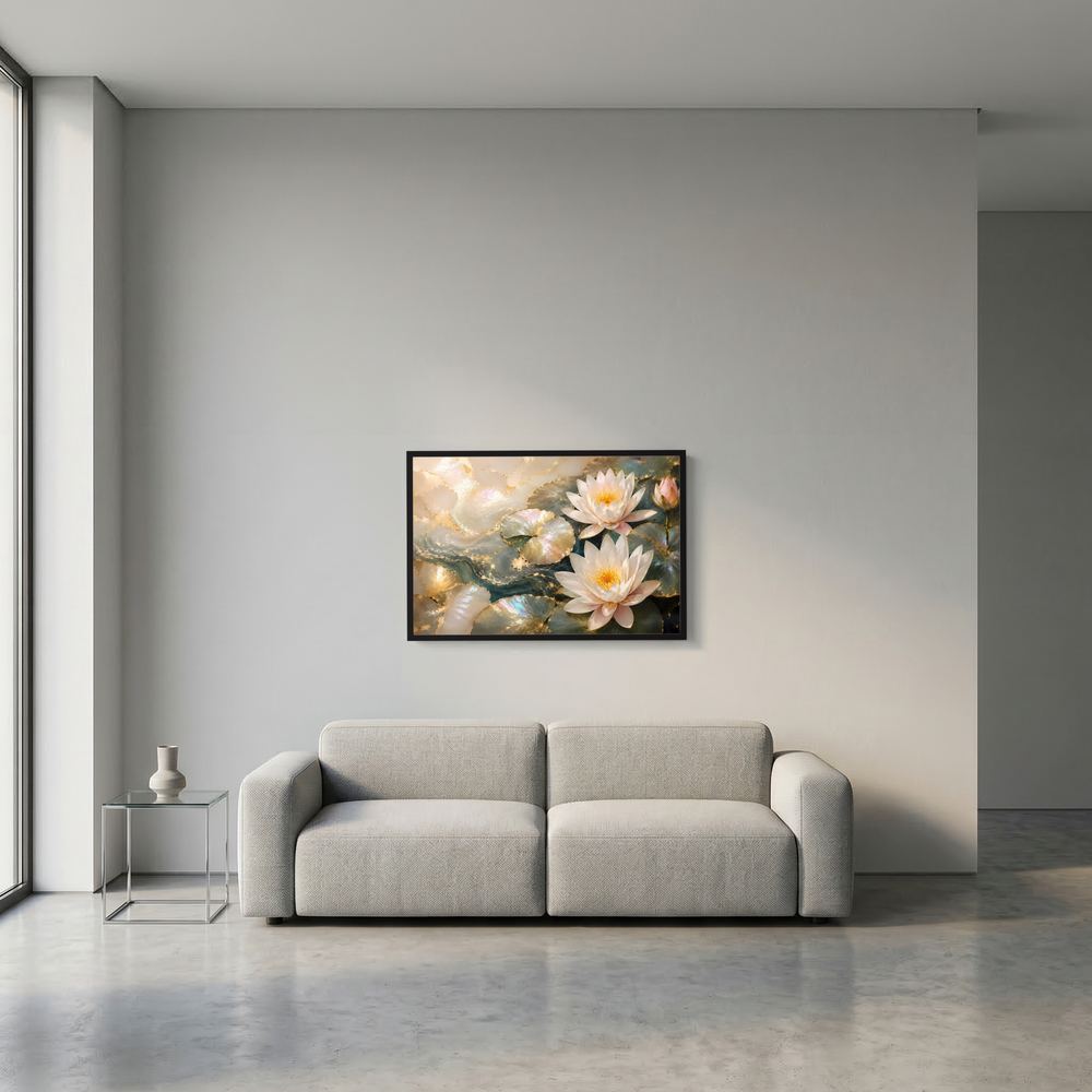 Kleines Wandposter mit Seerosen in Creme und Gold, schwarzer Rahmen