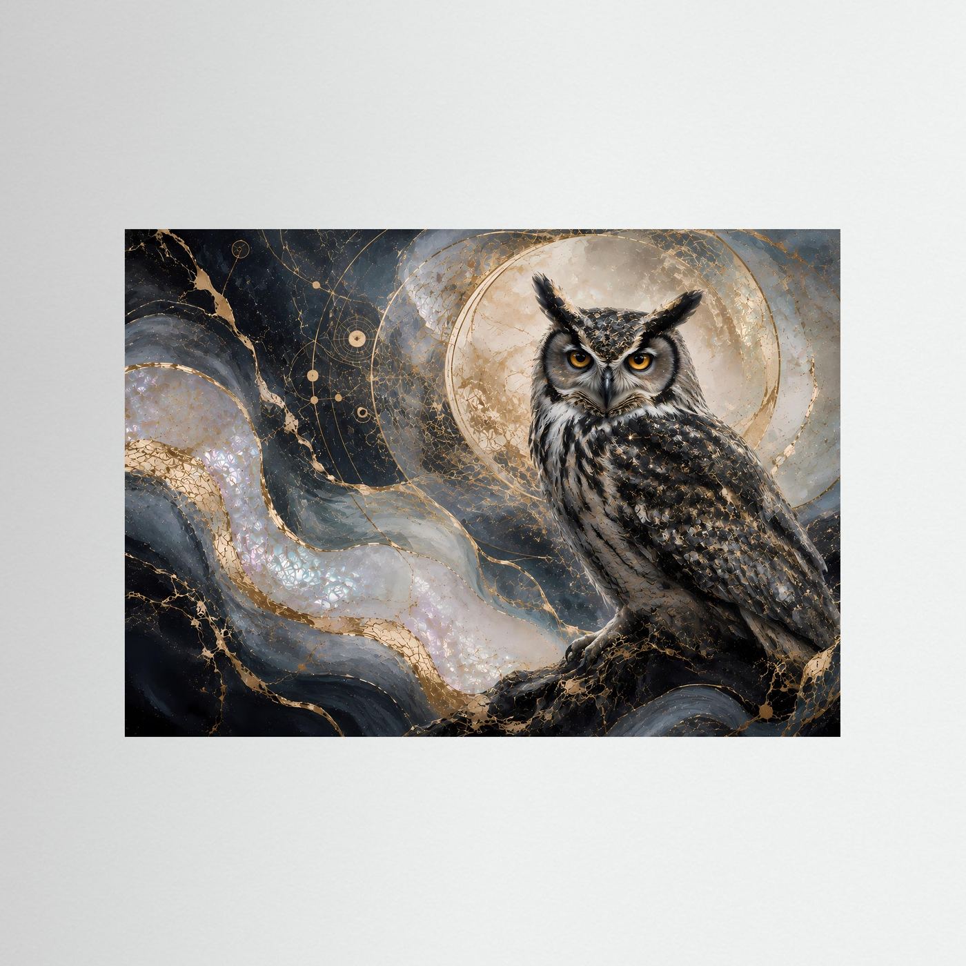Wandbild-Poster Querformat mit Eule im Mondlicht auf blau-goldenem Hintergrund