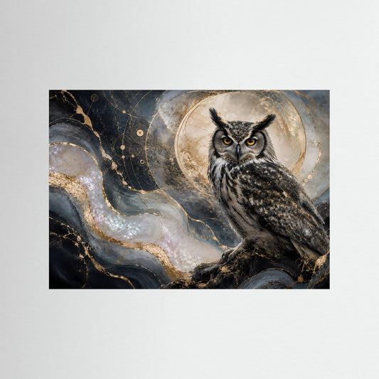 Wandbild-Poster Querformat mit Eule im Mondlicht auf blau-goldenem Hintergrund