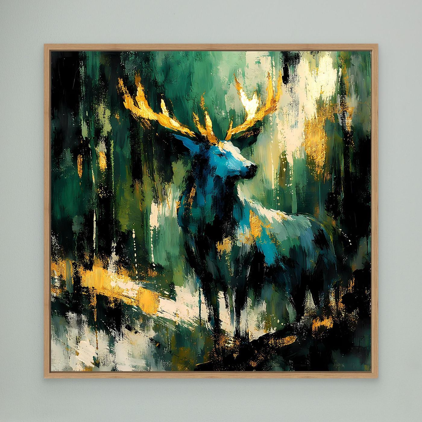 Leinwand-Wandbild mit Holzrahmen und abstraktem Hirsch in Grün, Blau und Gold