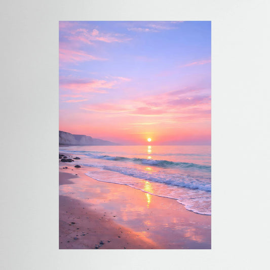 Hochformatiges Wandbild mit romantischem Sonnenaufgang über Strand und spiegelndem Wasser