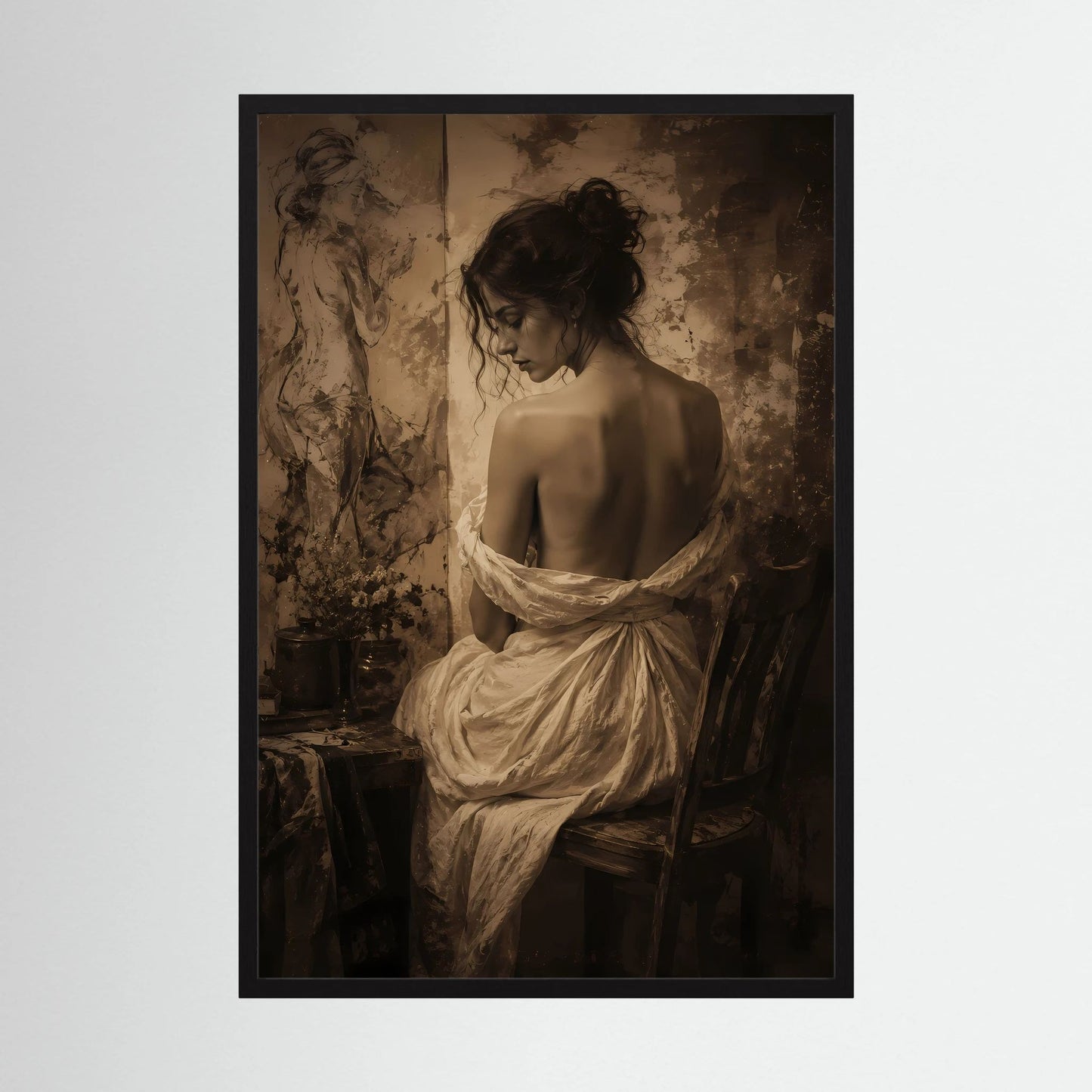 Kunstposter mit Porträt einer Frau im Sepia-Stil, schwarzer Rahmen, ohne Passepartout