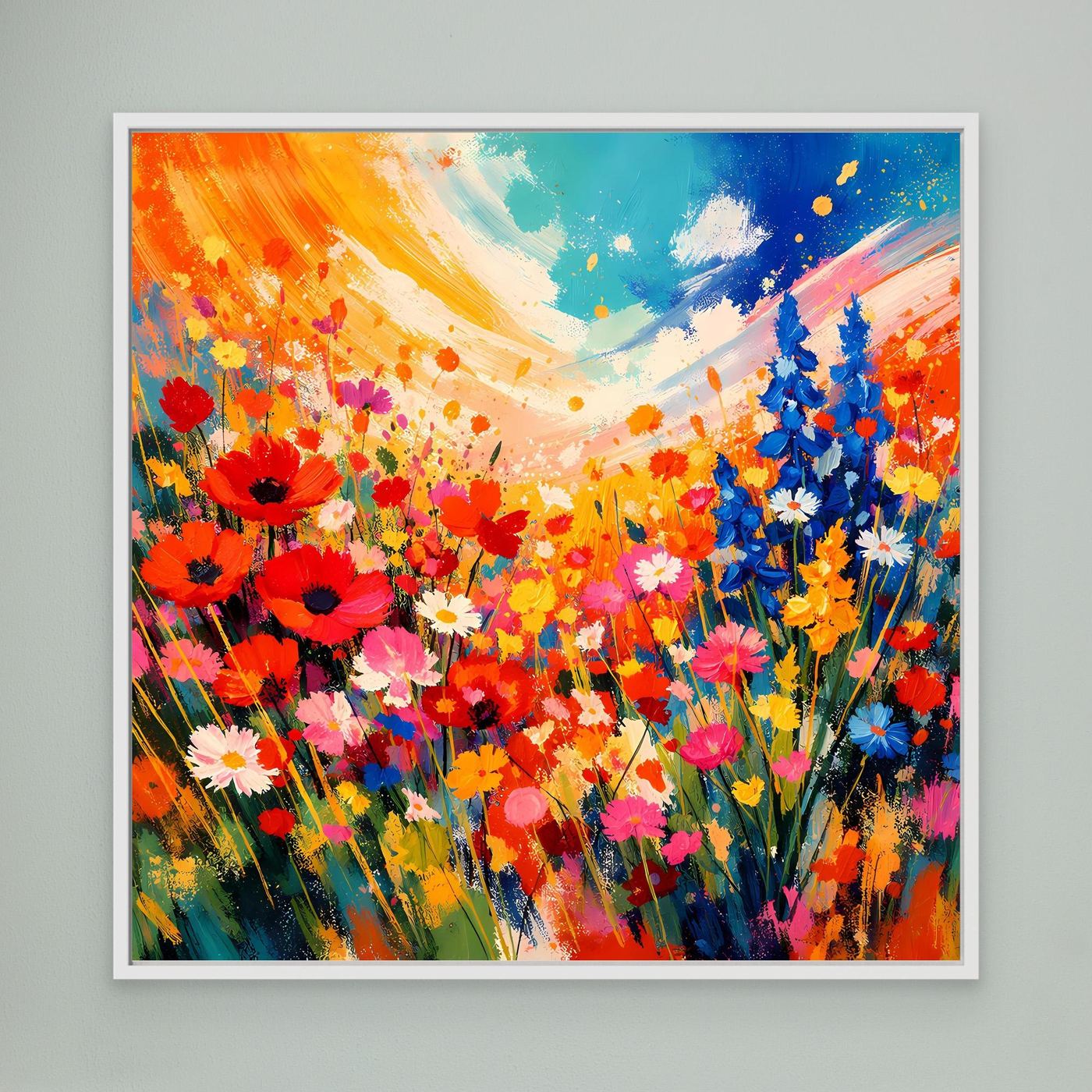 Leinwandbild mit farbenfrohem Blumenwiesen-Motiv, weißer Rahmen, abstrakte Blüten
