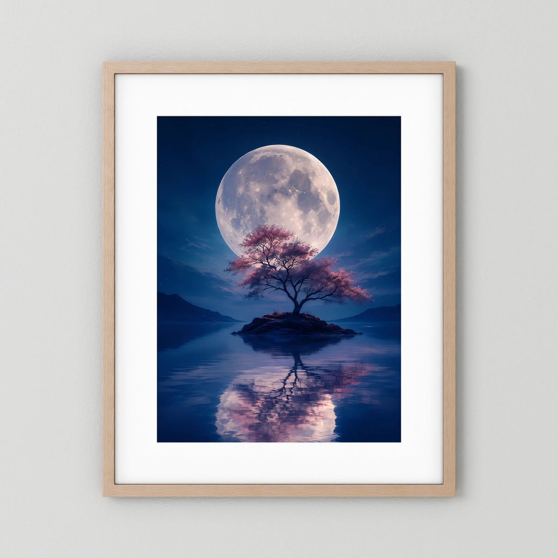 Hochformat-Poster im Naturholzrahmen: Vollmond, Baum auf Insel und Spiegelung im Wasser