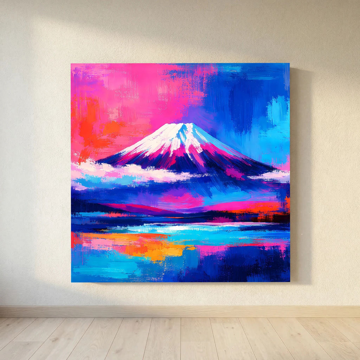 Abstraktes Fuji-Leinwandbild auf Holzkeilrahmen mit bunten Horizontlinien