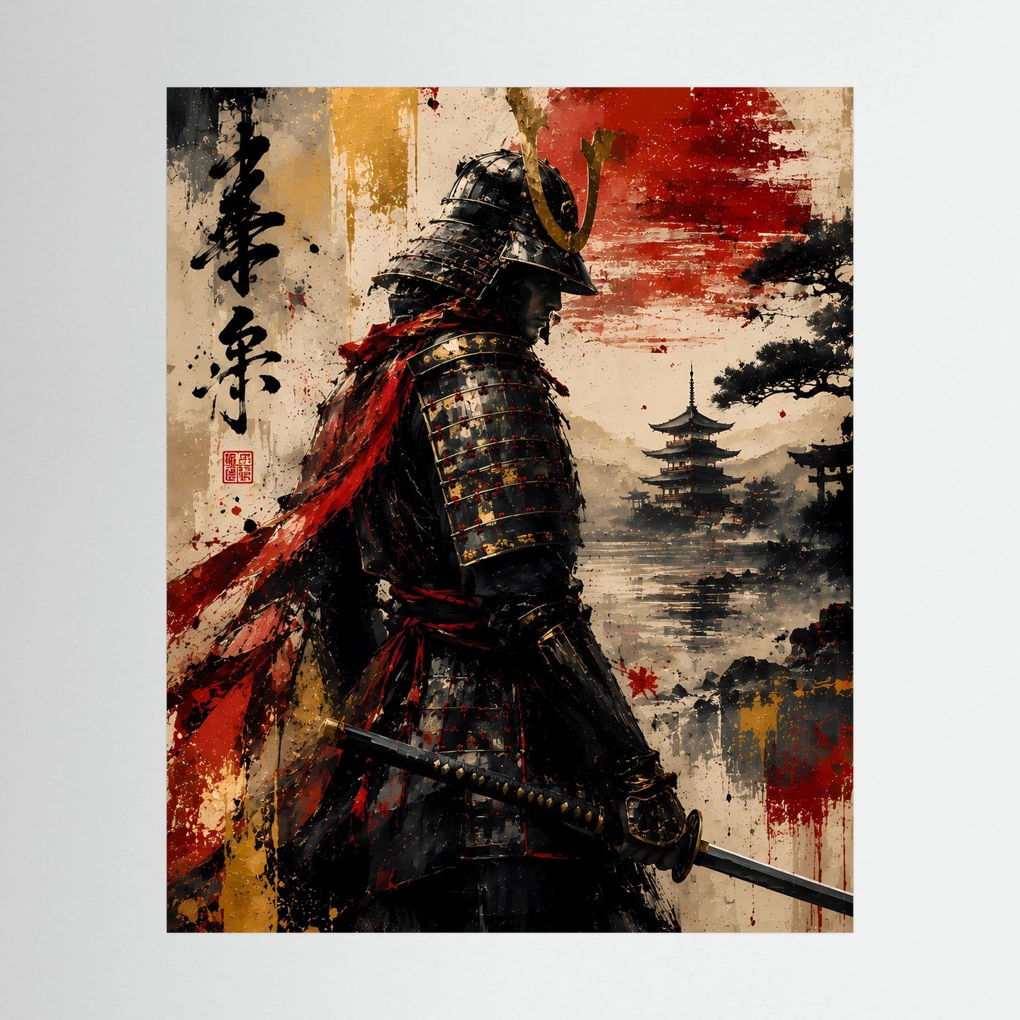 Poster mit japanischem Krieger in Schwarz-Rot-Grafik, roter Sonnenhintergrund und Pagode