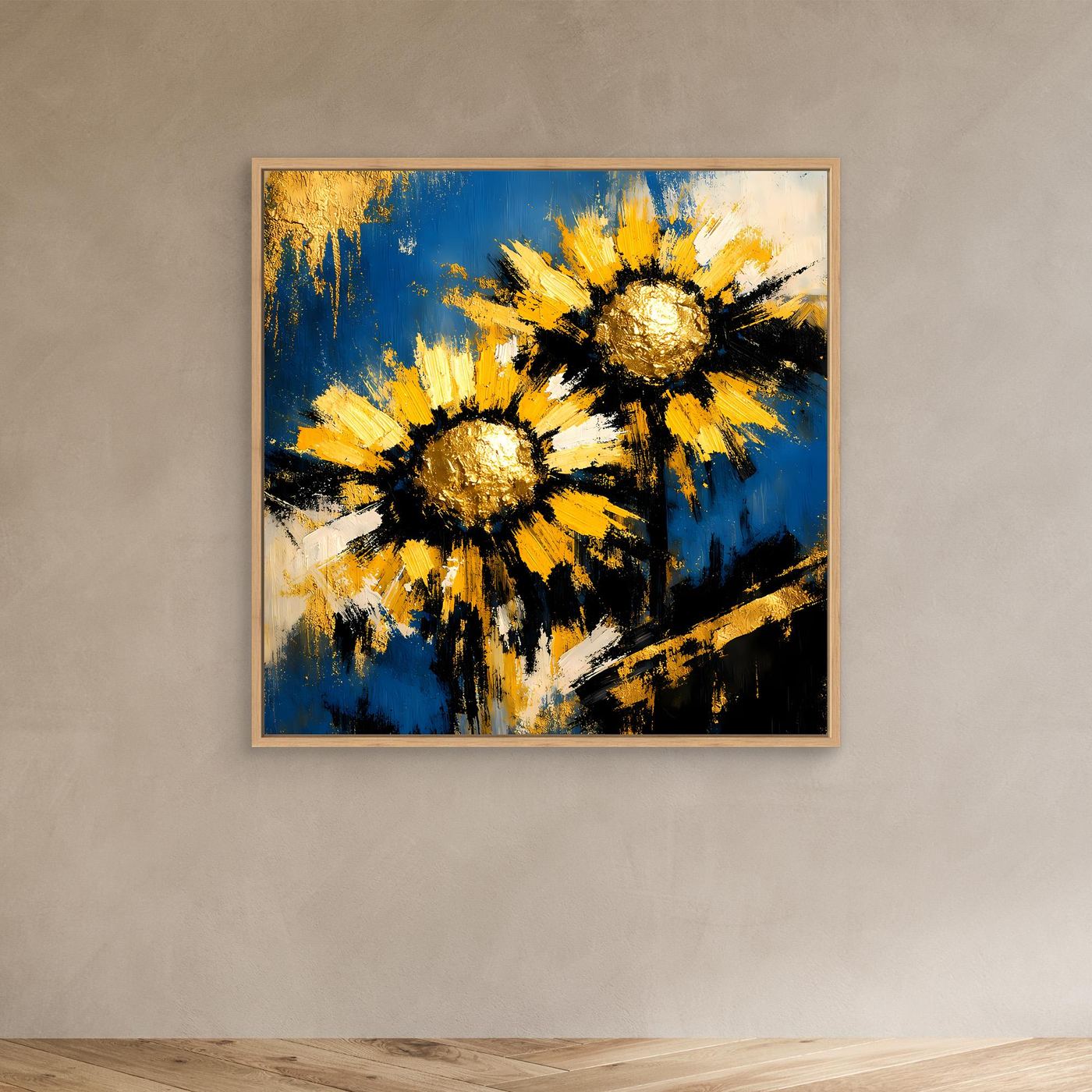 Wandbild mit hellem Holzrahmen und abstrakten Sonnenblumen in Blau, Gelb und Gold