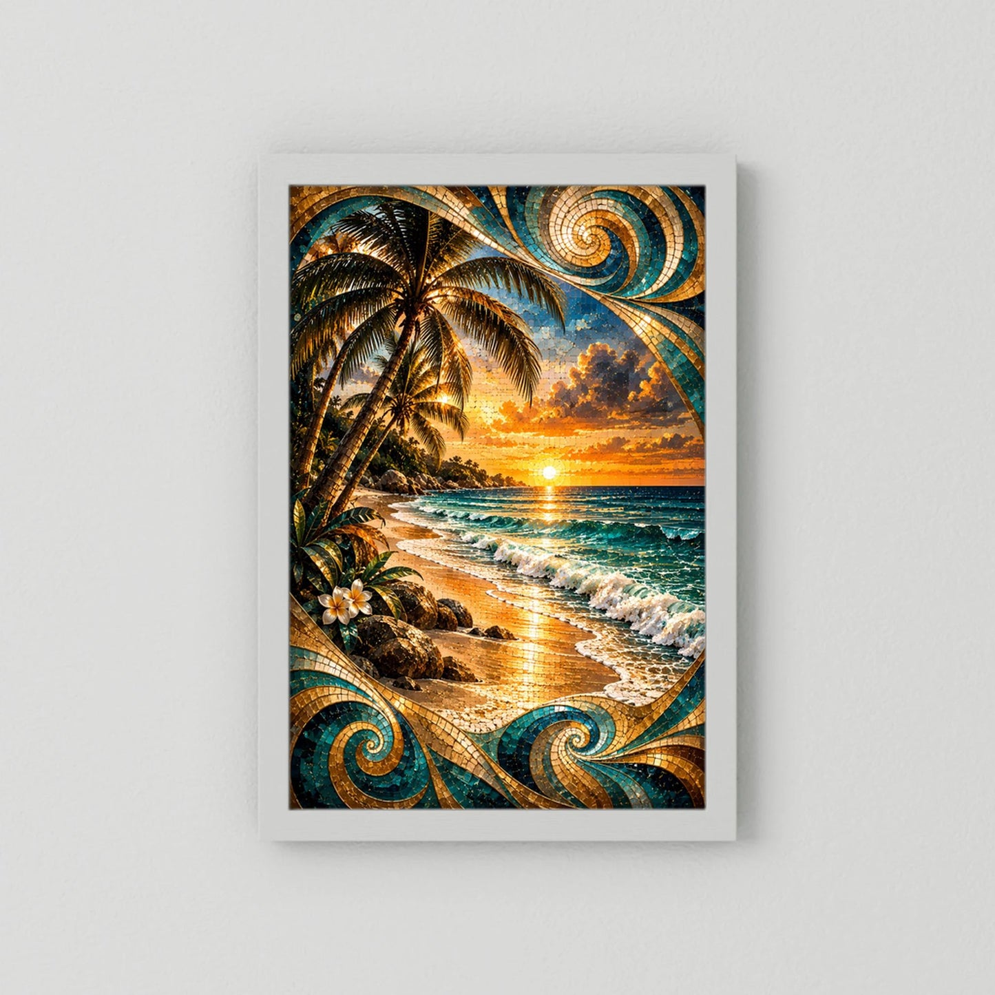 Tropischer Strand bei Sonnenuntergang | Mosaik Kunst in Türkis & Gold | Poster Hochformat