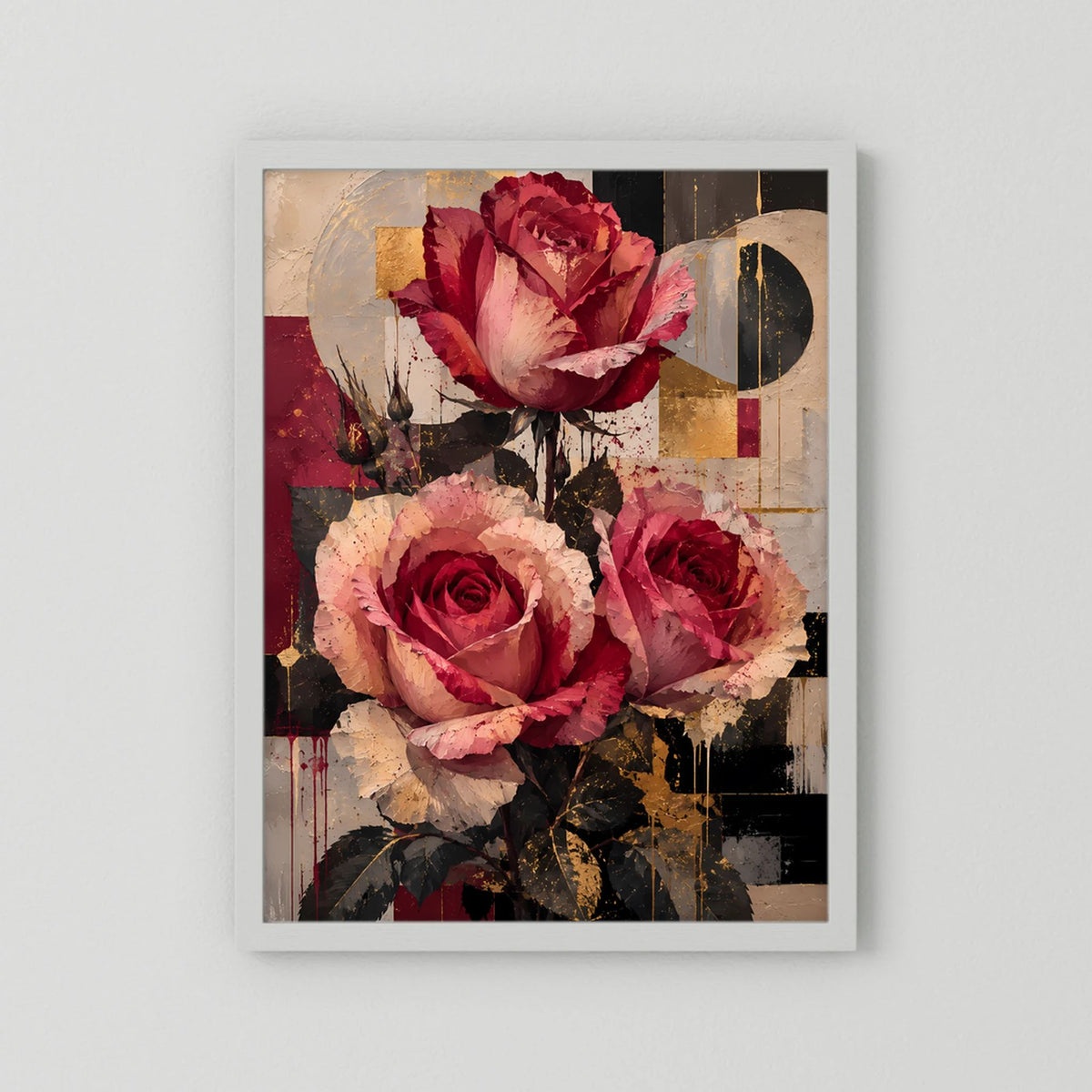 Blumenposter mit Rosen in Rot, Rosa und Gold; weißer Rahmen, abstraktes Hintergrundmuster.