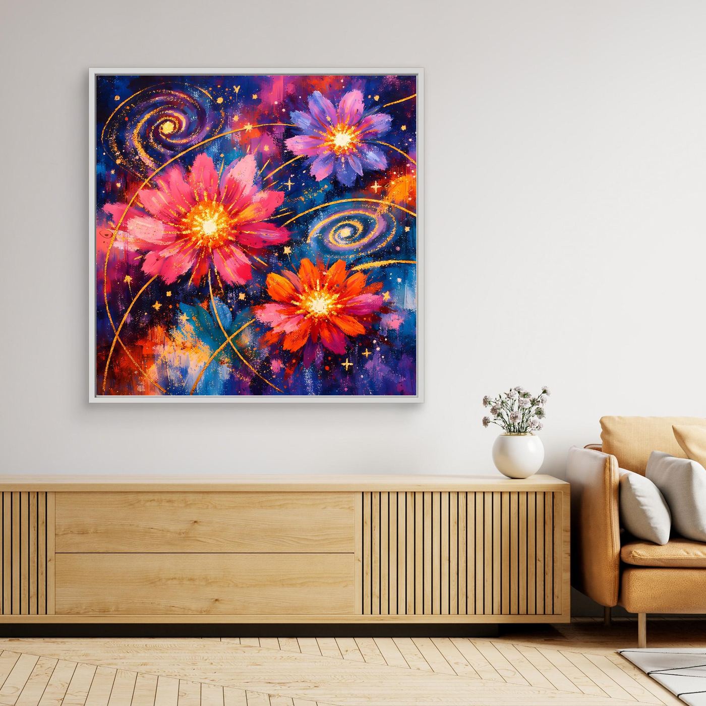 Gerahmtes abstraktes Leinwand-Wandbild mit kosmischen Blüten im Sternenhimmel