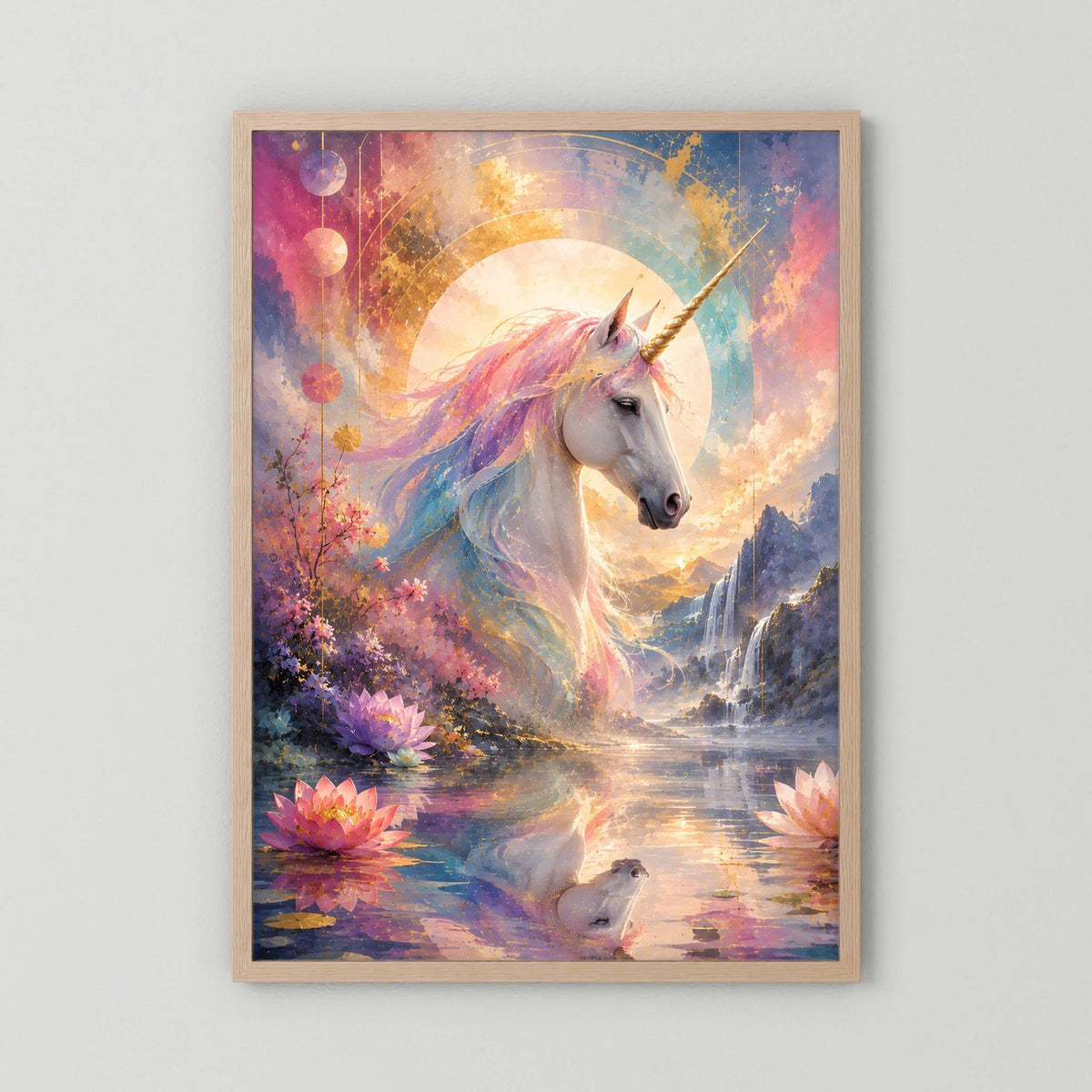 Gerahmtes Fantasy-Poster mit Einhorn im Pastellmond, goldrosa Glanz und Lotusblüten, Holzrahmen