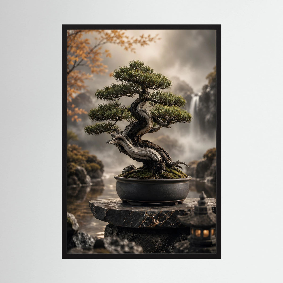 Bonsai-Baum-Poster im schwarzen Rahmen, Bonsai auf Steinpodest vor Wasserfall