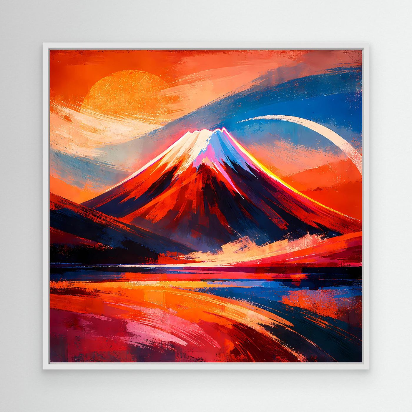 Abstraktes Leinwandbild mit Bergmotiv im Sonnenuntergang, Rot- und Blautöne, weißer Rahmen