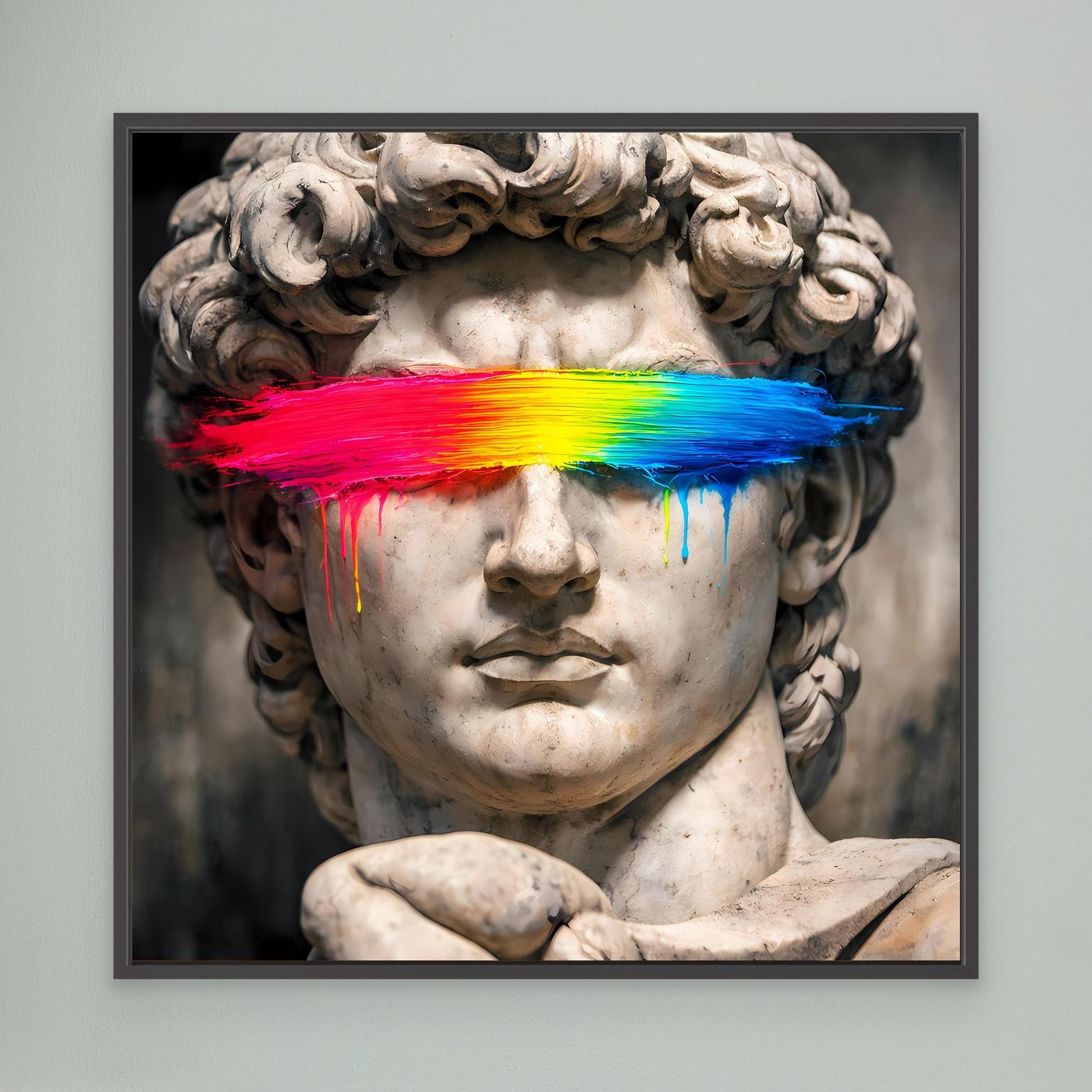 Leinwandbild der David-Statue mit Regenbogen-Farbbalken und Tropfen, schwarz gerahmt