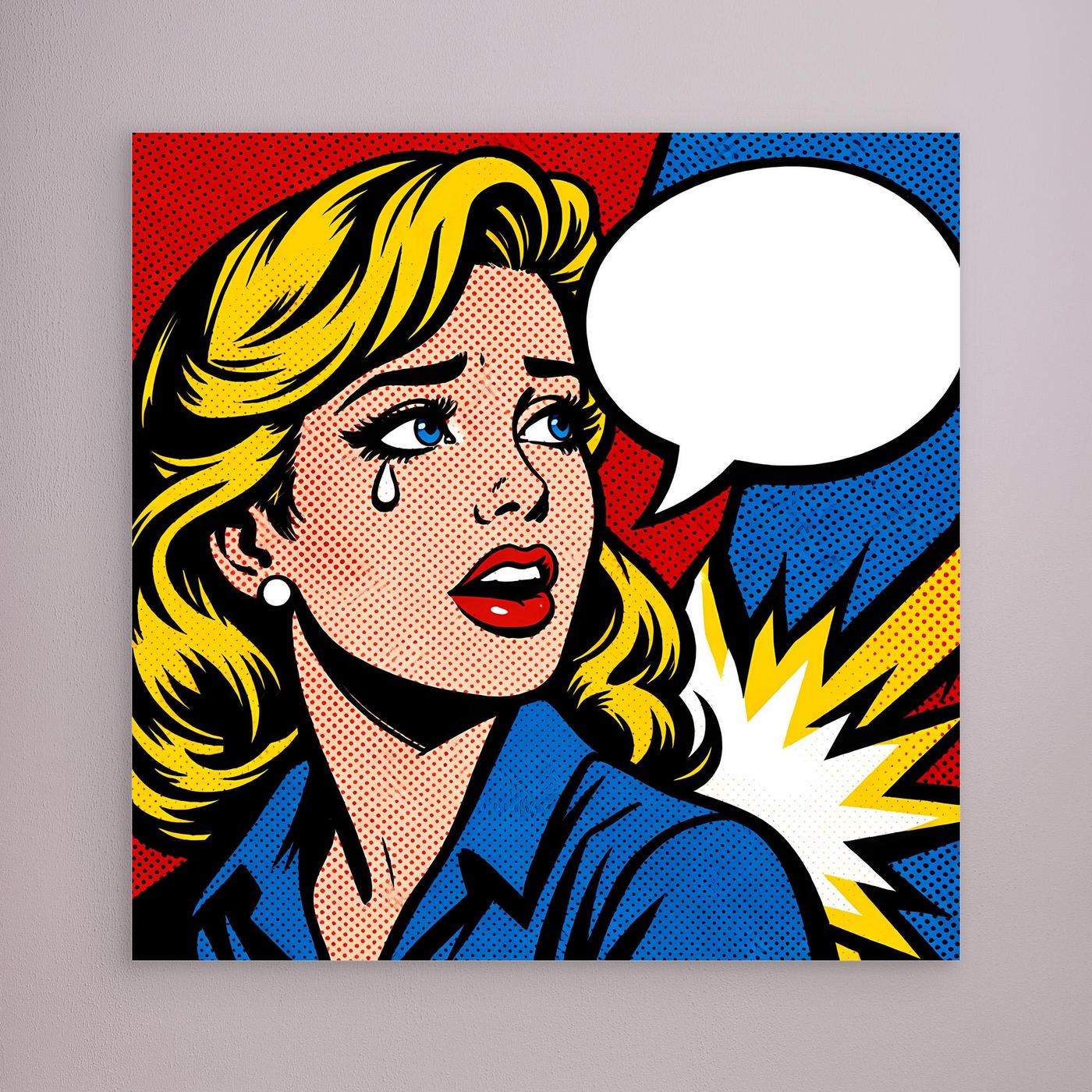 Leinwandbild: Pop-Art-Frau mit Sprechblase, blonde Haare, blaues Hemd, ohne sichtbaren Rahmen