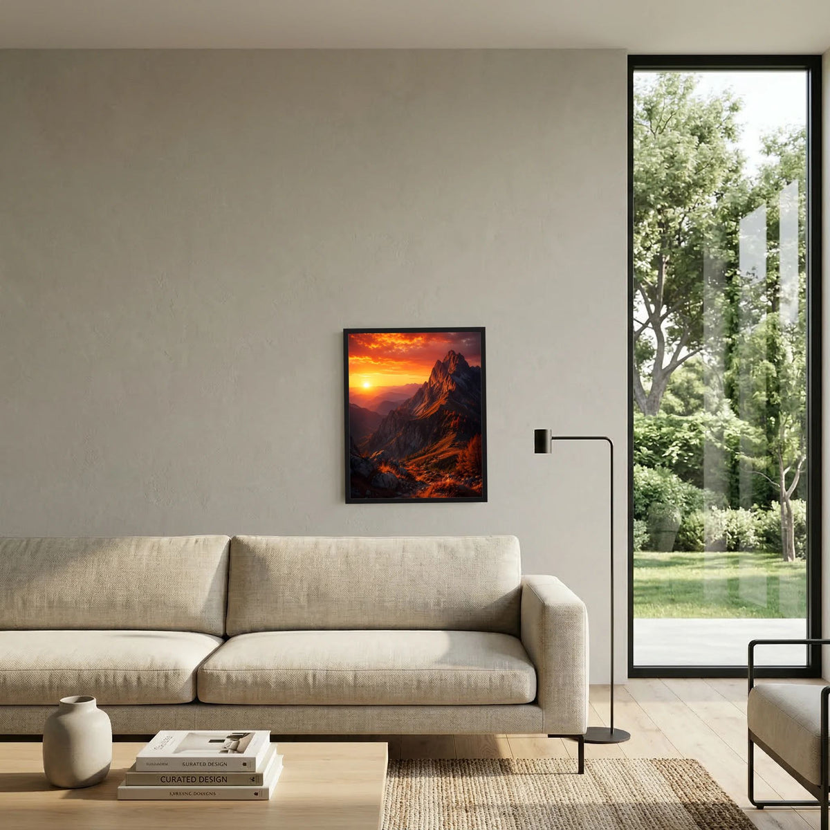 Hochformat-Poster an der Wand mit schwarzem Rahmen: Berglandschaft mit Sonnenuntergang, orangefarbener Himmel.