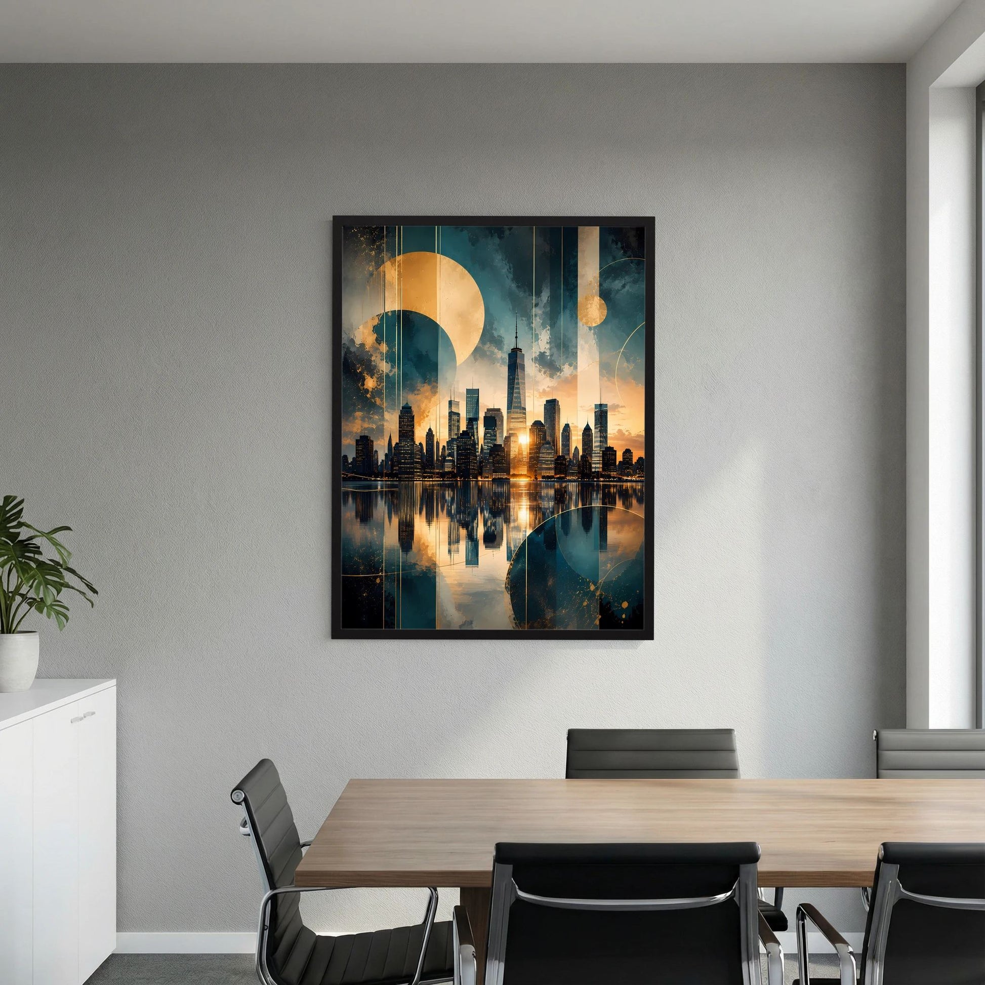 Hochformatiges Poster: stilisierte Skyline mit goldenen Monden und Petrol-Himmel, schwarzer Rahmen
