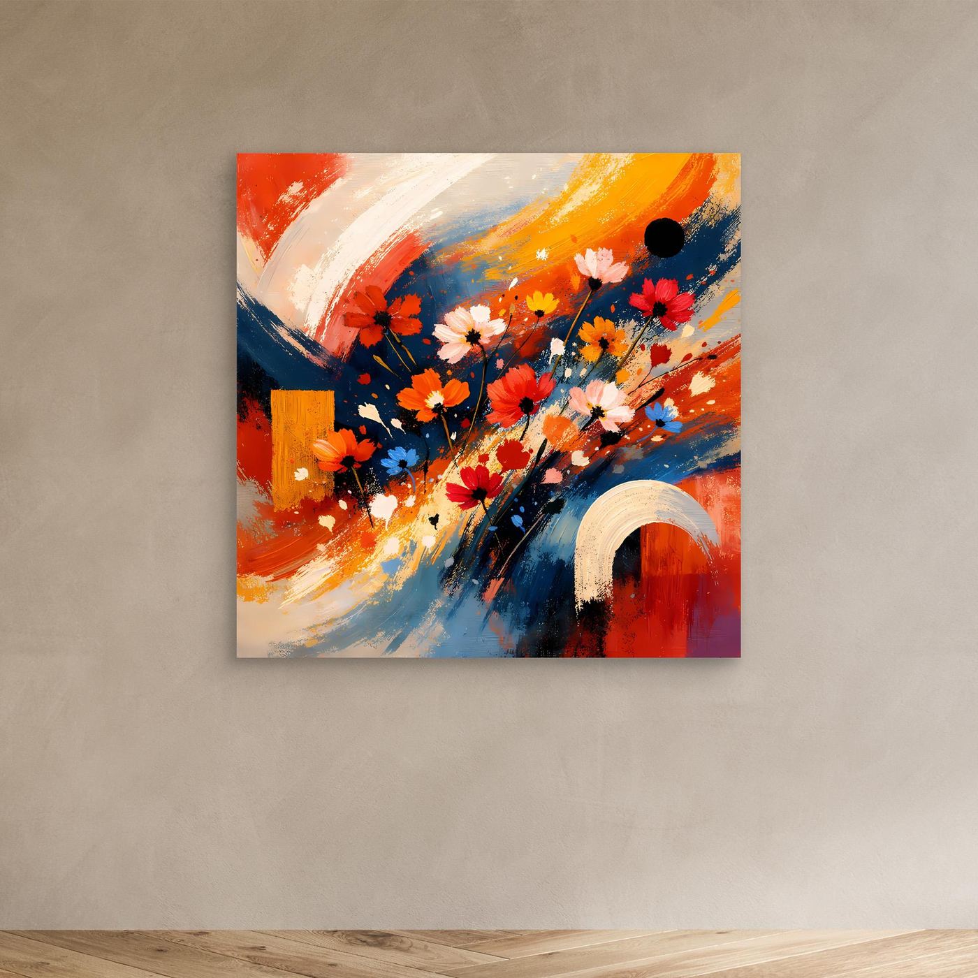 Abstraktes Leinwandbild mit bunten Blumen, ohne Rahmen, orange, blau und rote Akzente