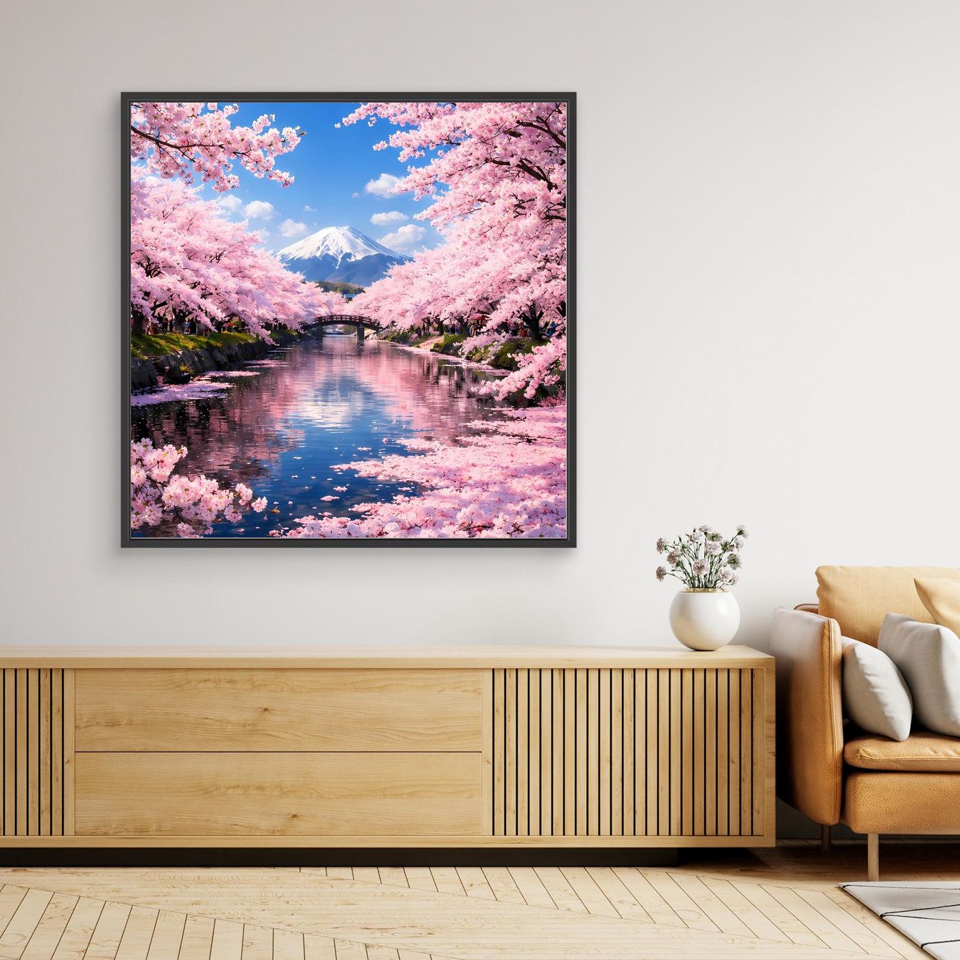 Gerahmtes Leinwandbild mit Sakura-Allee und Berg Fuji, reflektierter Fluss, rosafarbene Blüten