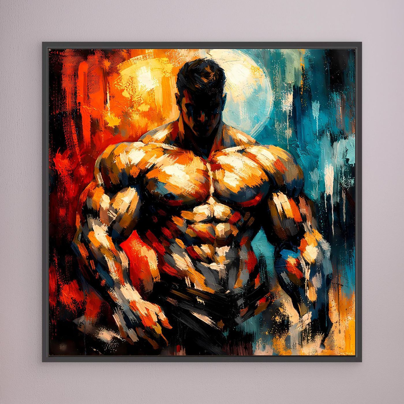 Gerahmtes Leinwandbild mit abstraktem Bodybuilder in kraftvollen Rot-, Orange- und Blautönen