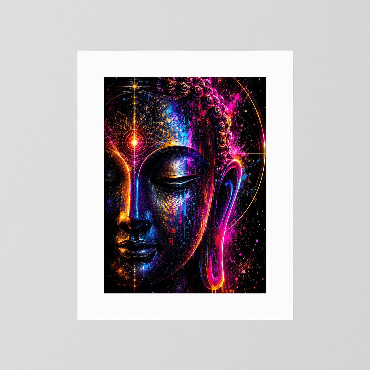 Hochformatiges Poster mit abstraktem Buddha-Gesicht in Neonfarben, weiß hinterlegt