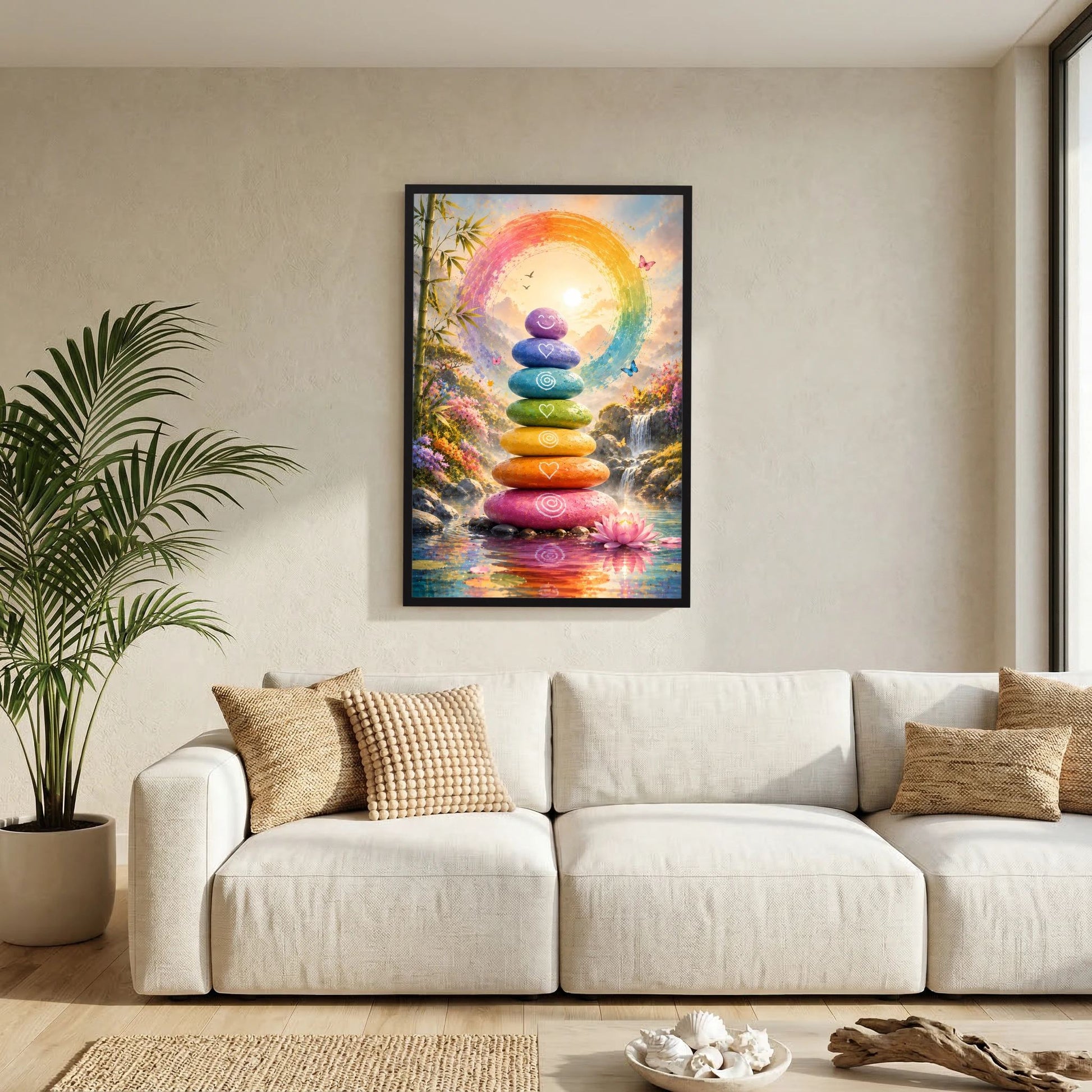 Poster im Hochformat: schwarzer Rahmen, Regenbogen-Steinturm mit Lotus